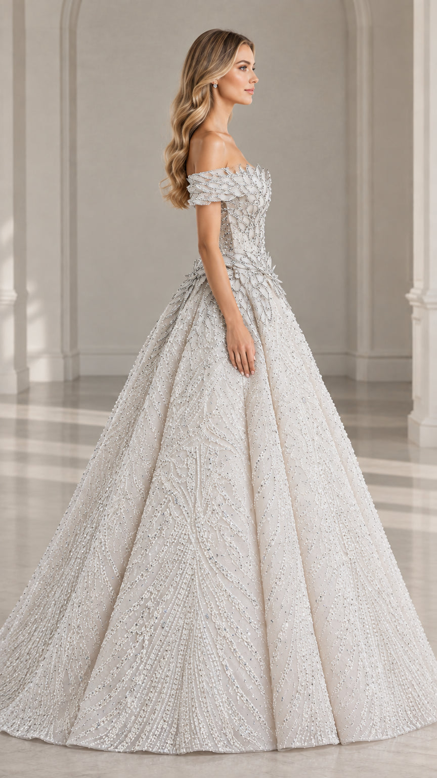 Side profile view of champagne beaded formal ball gown dress