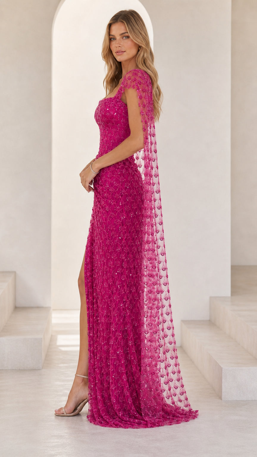 Fuchsia Pink sequin cape maxi dress - side view