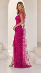 Fuchsia Pink sequin cape maxi dress - side view