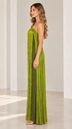 Side profile view of strapless olive green tassel gown showing slit detail