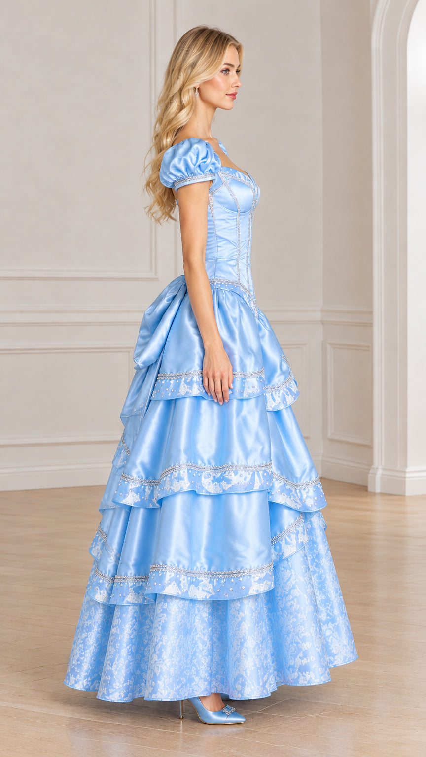 Side profile of model in light blue tiered puff sleeve ball gown