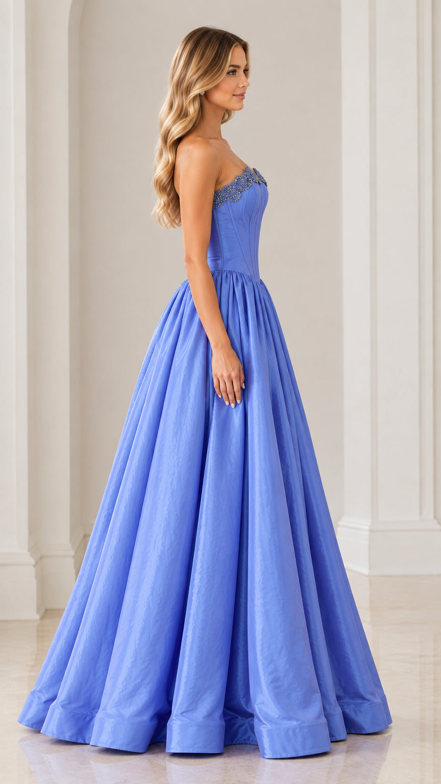 Side profile view of periwinkle blue strapless ball gown showing full silhouette and structured bodice