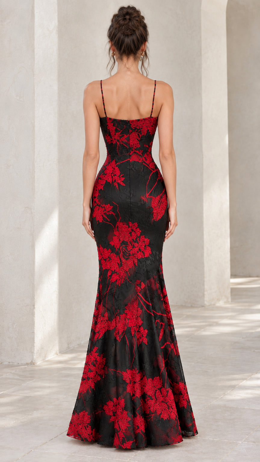 Back view of black and red floral embroidered maxi evening dress