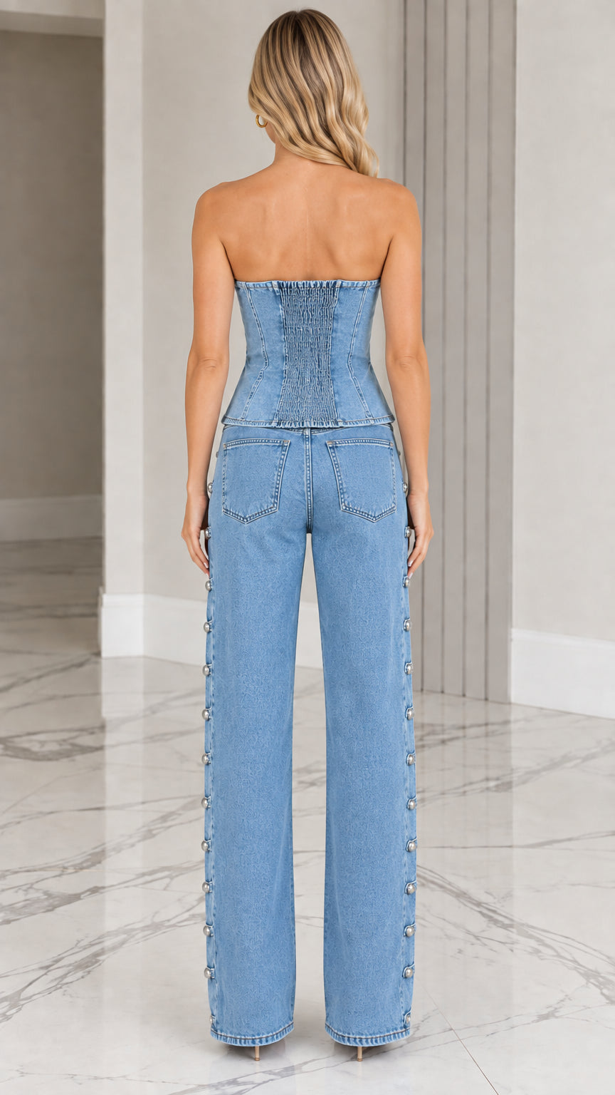 Back view of Light Blue denim set showing smocked elastic back panel and jean pockets