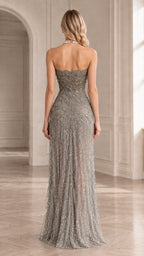 Back view of silver strapless beaded gown with fitted silhouette