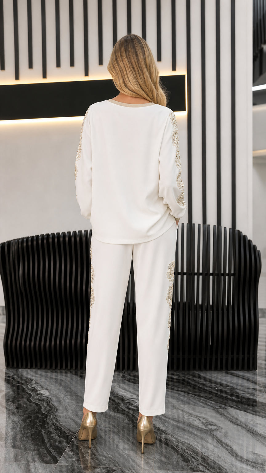 Back view of ivory long-sleeve top and straight-leg trousers set