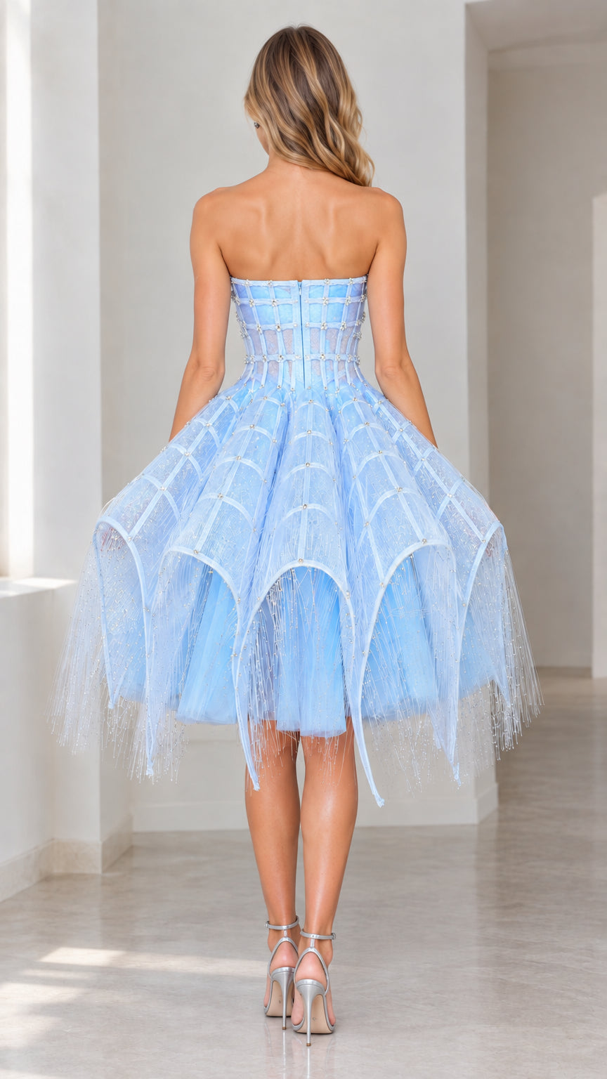Back view of light blue strapless embellished corset dress showing back zipper and tiered volume