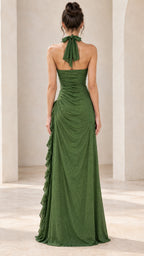 Back view of olive green halter dress showing tie neck and open back