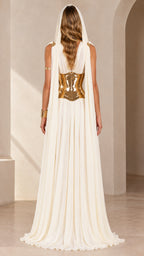 Back view of the white goddess hooded cape and flowing pleated skirt set