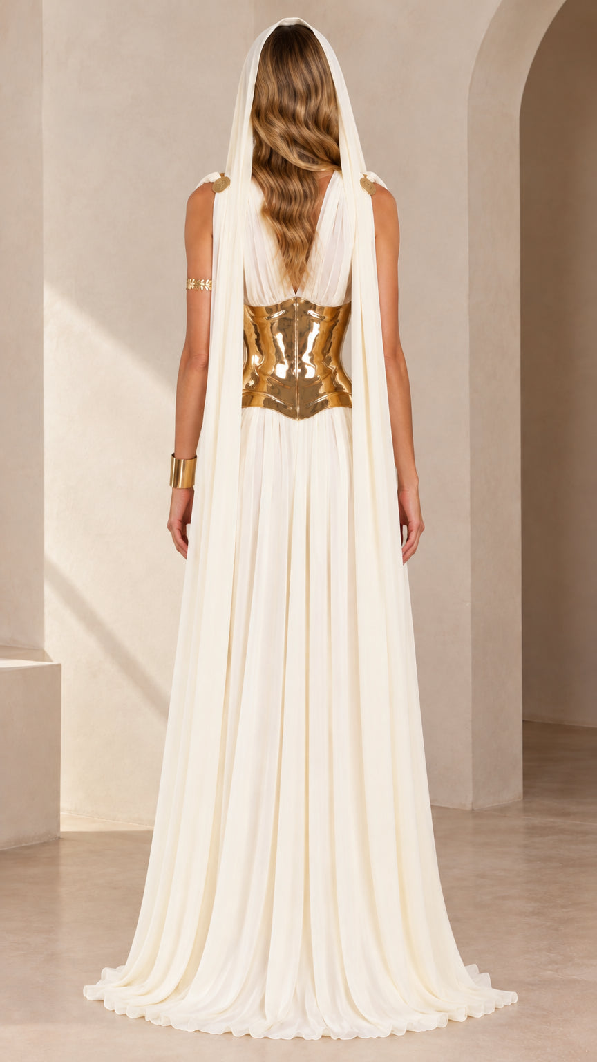 Back view of the white goddess hooded cape and flowing pleated skirt set