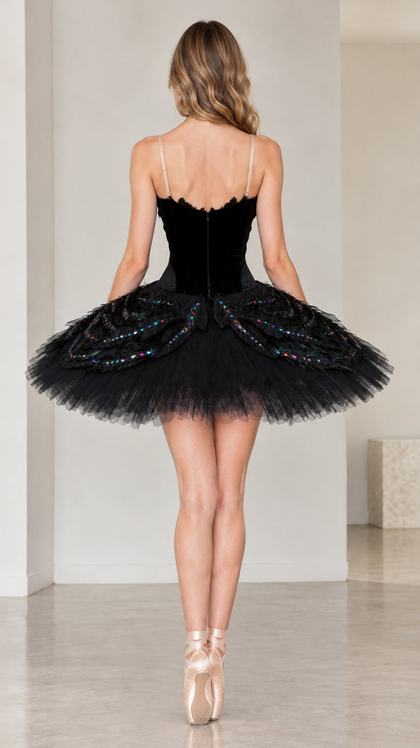 Back view of black velvet corset ballet tutu dress with hook-and-eye closure