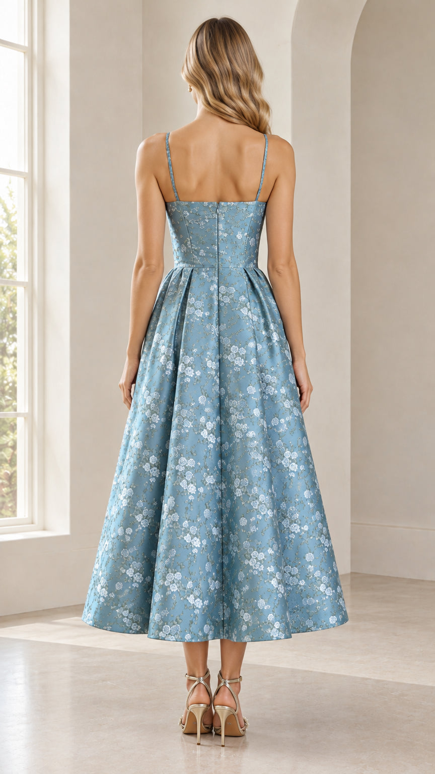 Back view of model wearing dusty blue floral jacquard dress with concealed zipper