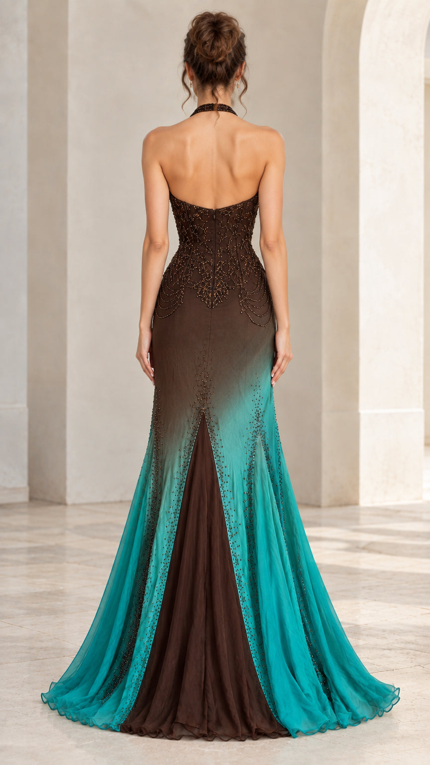 Back view of model in brown and turquoise ombre open-back halter gown