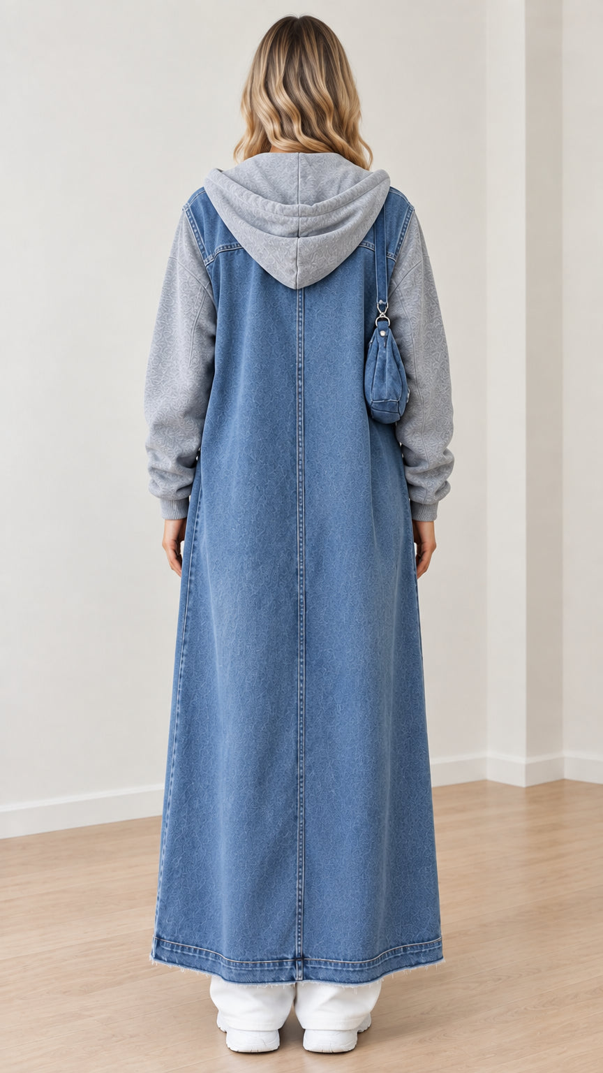 Back view of woman wearing full-length blue hooded denim jacket with gray knit hood and sleeves