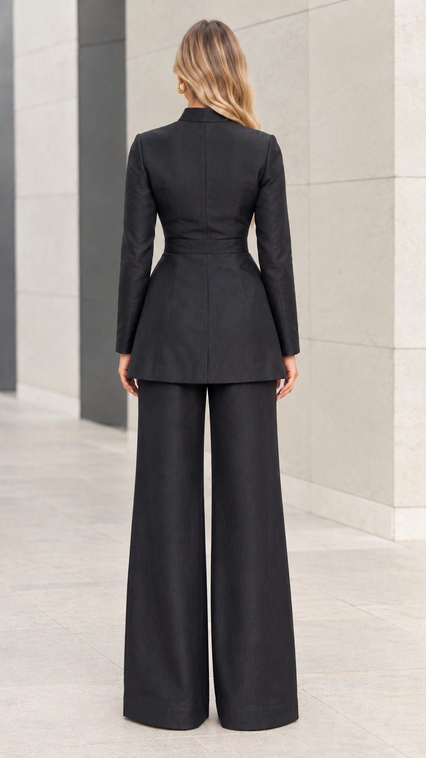 Back view of model in black high neck tunic top showing waist tailoring and matching wide leg pants