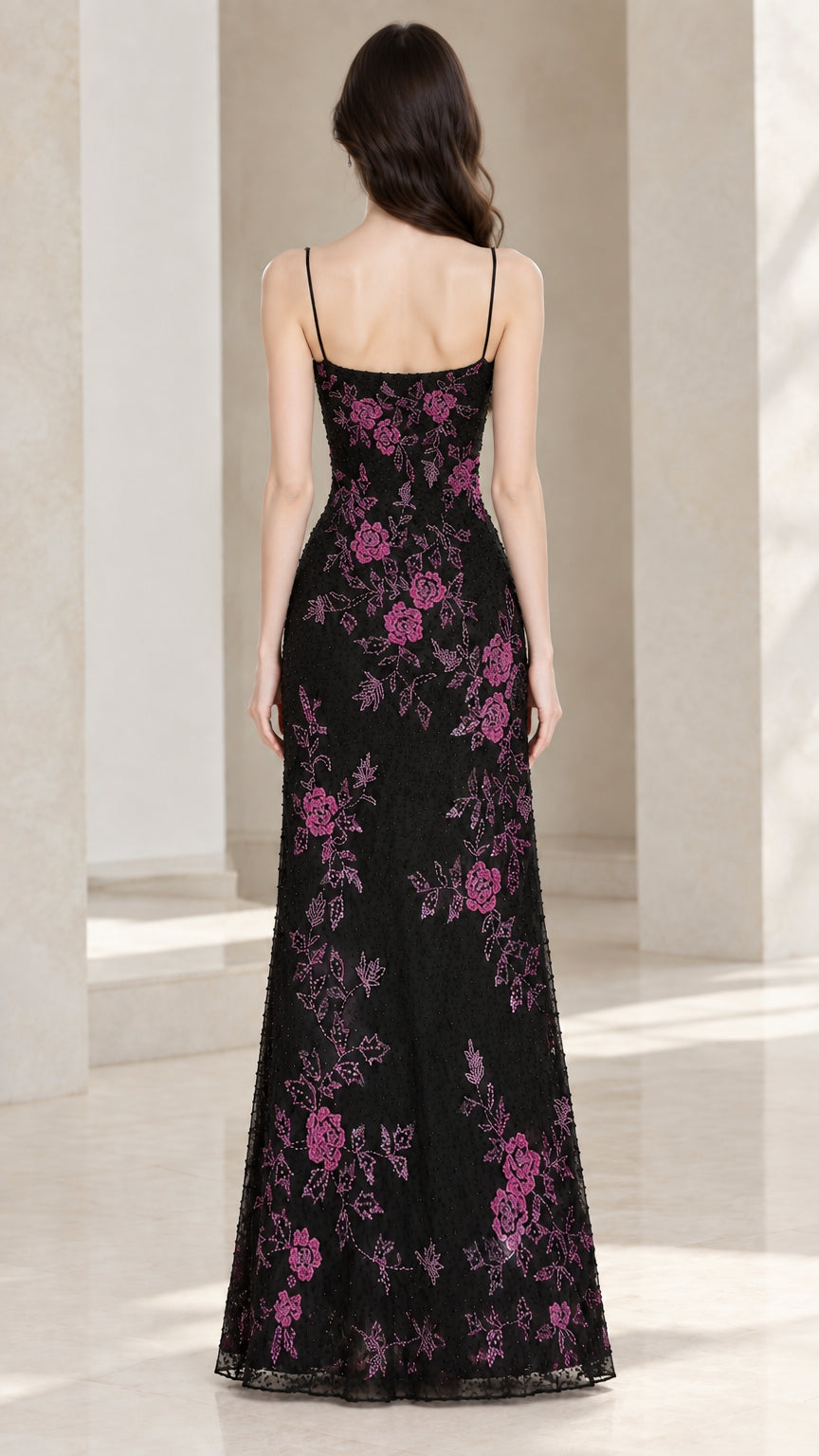 Back view of black floral sequin floor-length evening dress with open back