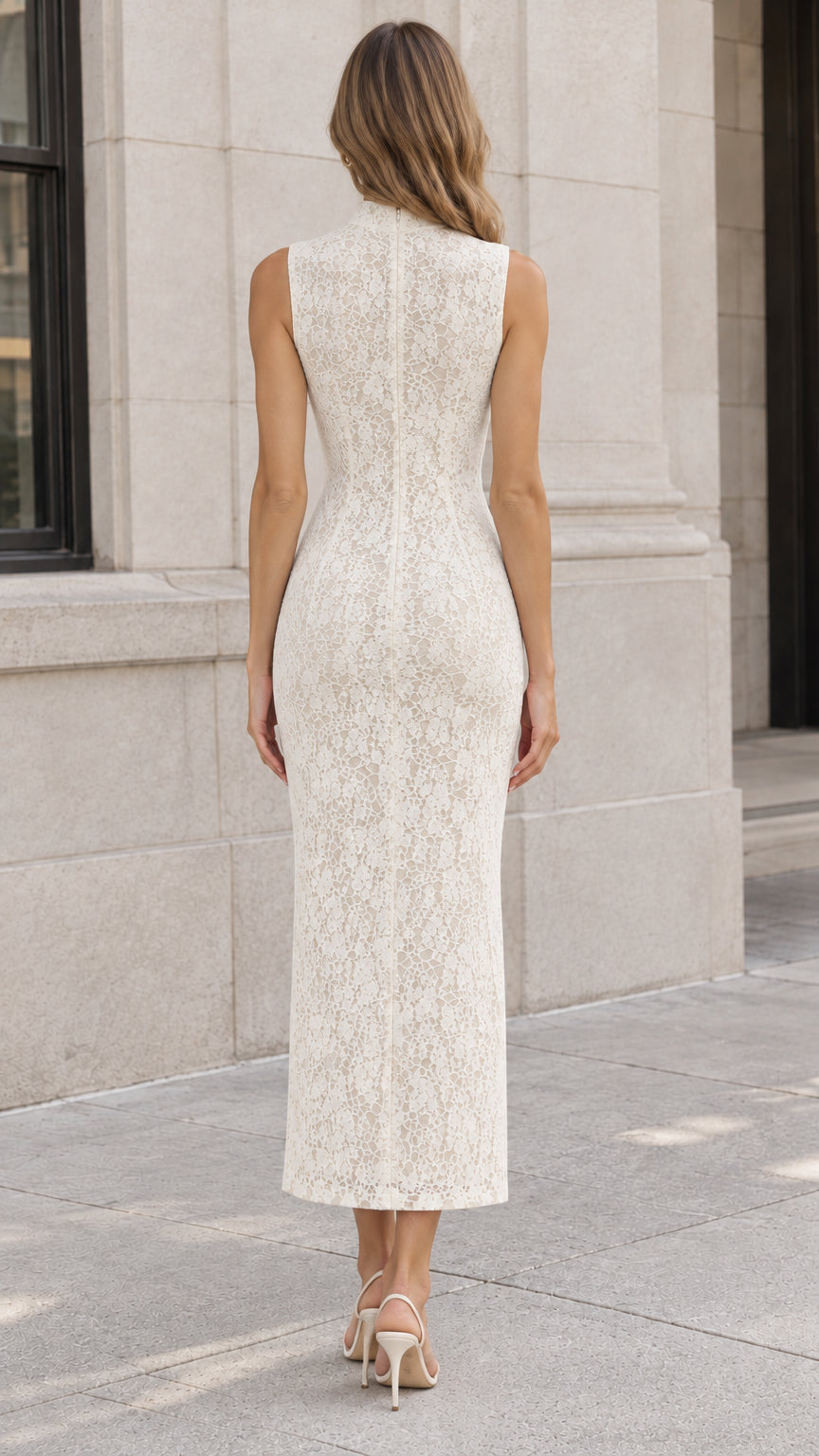 Rear view of ivory sleeveless floral lace maxi dress with high neck
