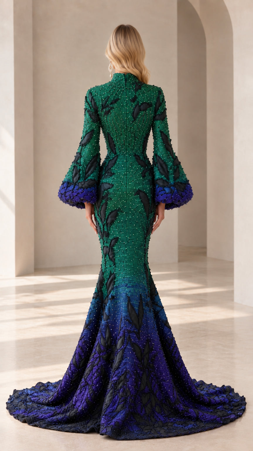 Back view of emerald and blue ombré formal gown with long bishop sleeves and sweep train