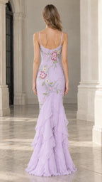 Back view of model in lavender spaghetti strap gown displaying low scoop back and floor-length tiered ruffle hem