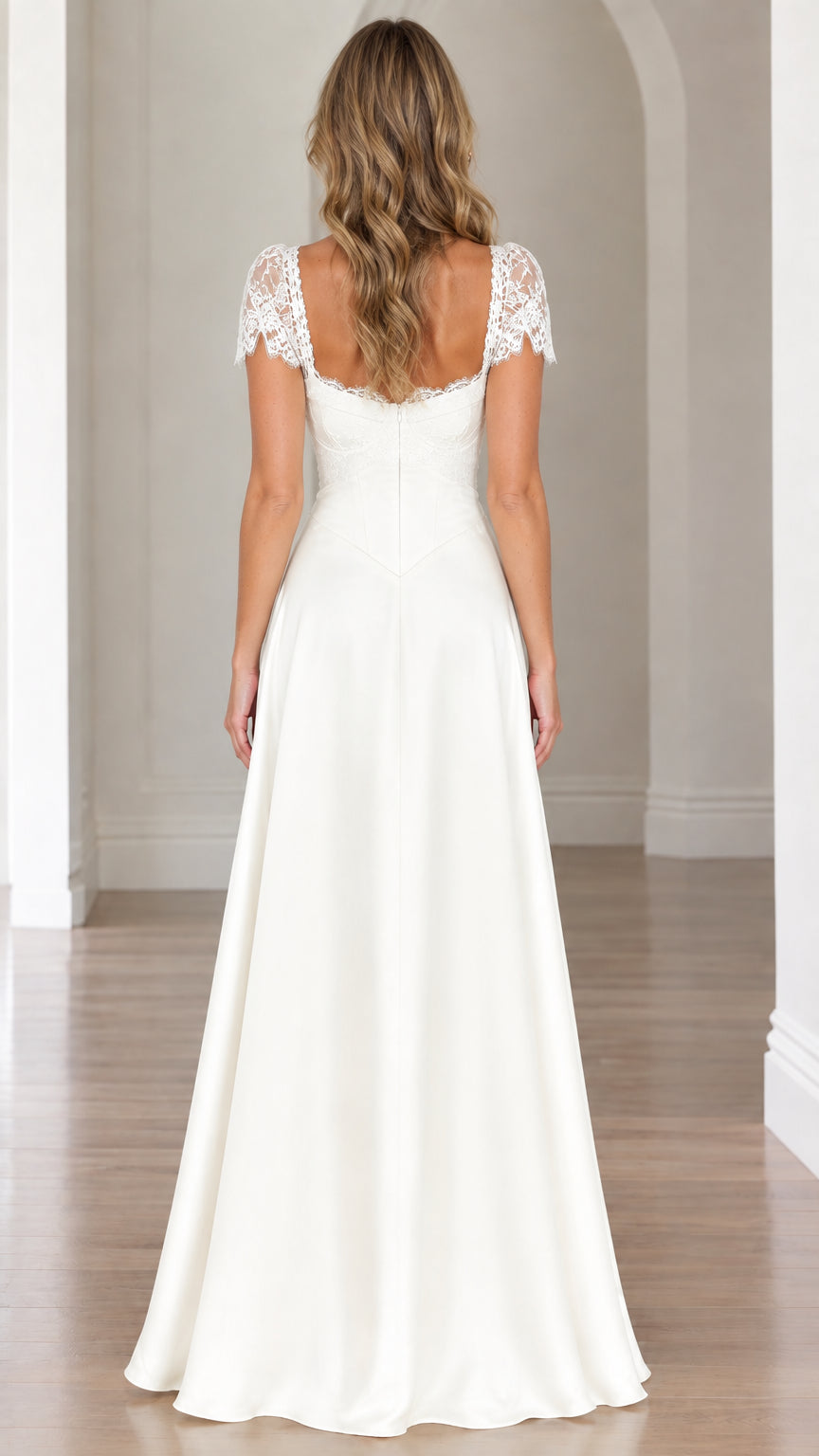Back view of model showcasing ivory scoop back basque waist evening dress