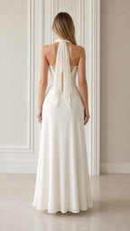 Ivory evening maxi dress back view with halter ties and open back detail