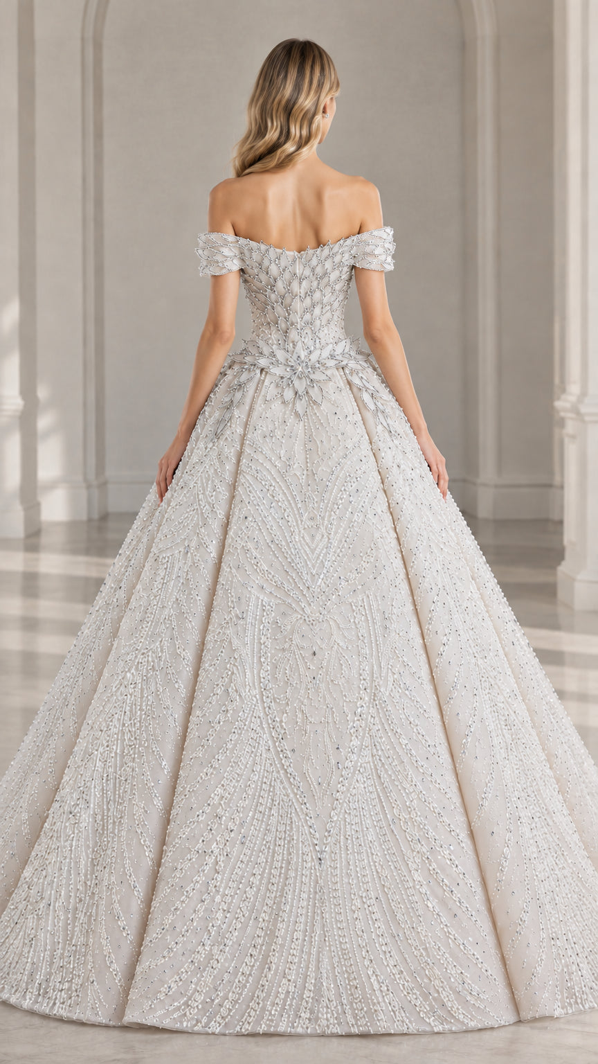 Back view of champagne embroidered off-shoulder evening ball gown