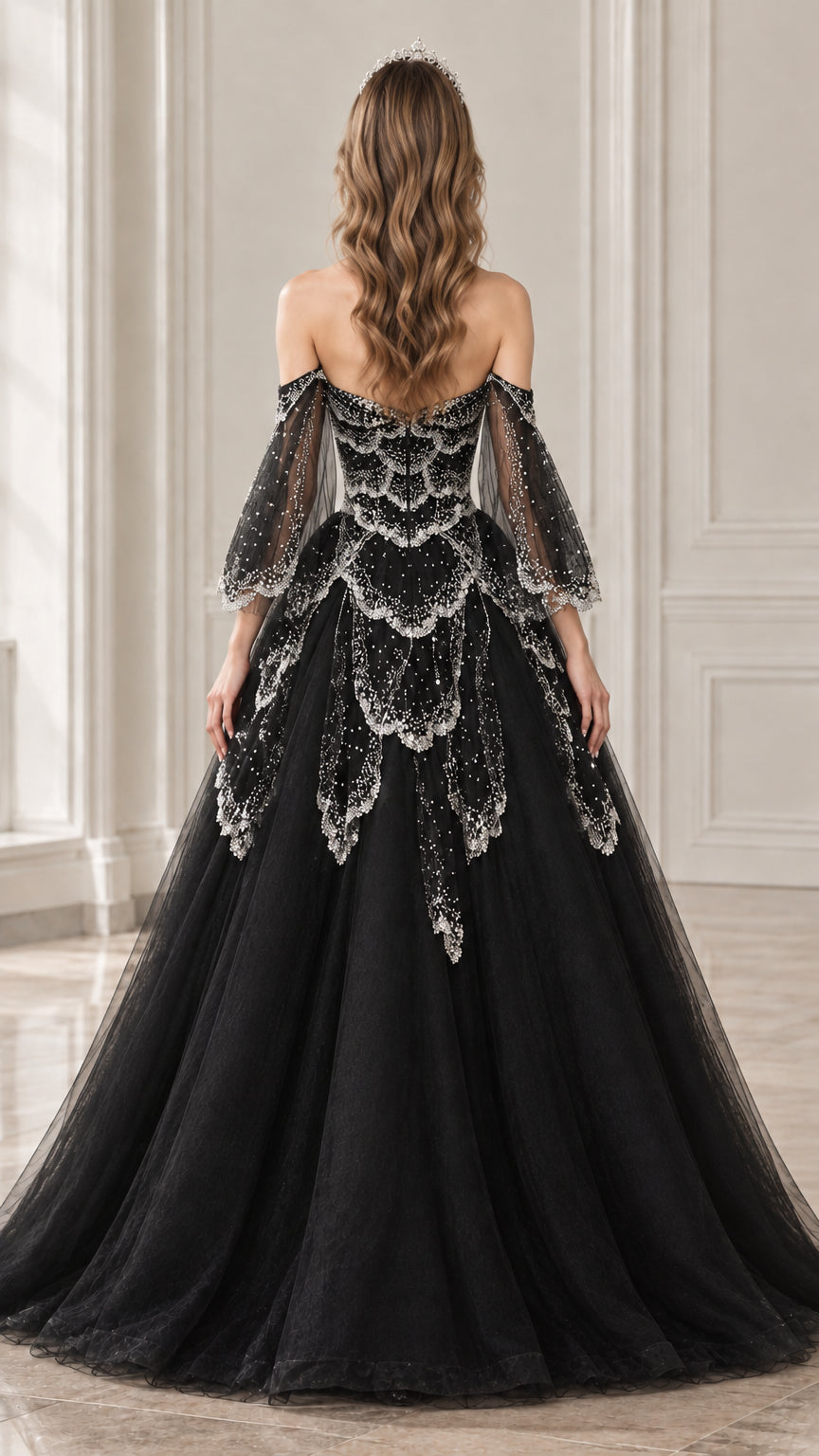 Back view of black off-the-shoulder tulle ball gown with intricate beaded bodice