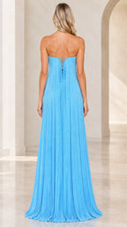 Rear view showing lace-up corset back detail on sky blue strapless pleated dress