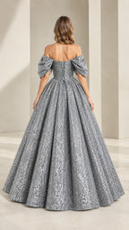 Back view of model showing lace-up corset back of silver gray sequin ball gown