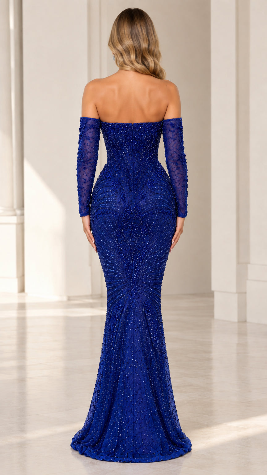 Back view of royal blue off-the-shoulder formal gown with long sleeves