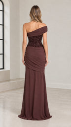 Back view of chocolate brown one-shoulder draped sequin evening dress