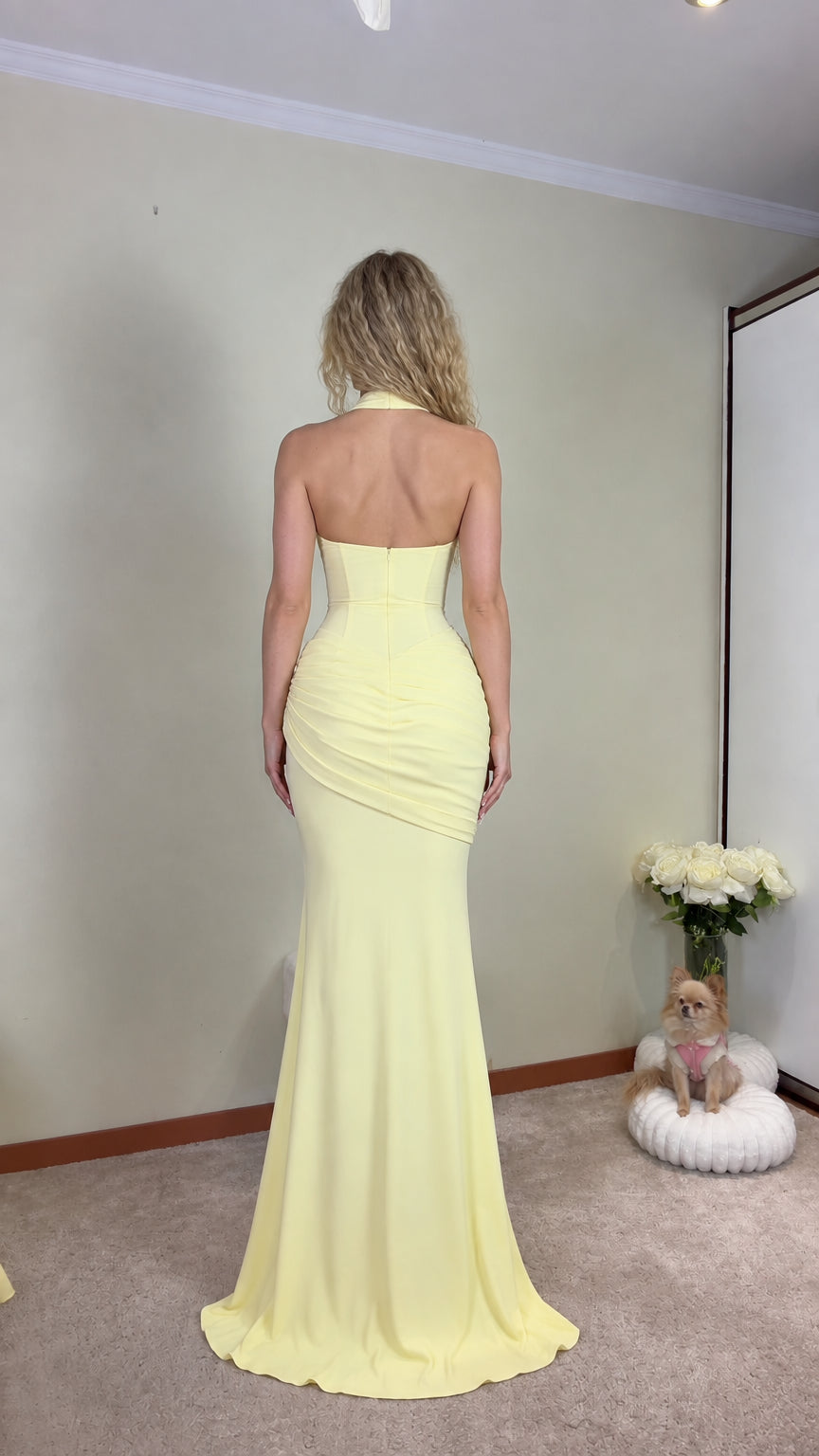 Back view of pastel yellow halter maxi dress with backless design