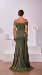 Back view of olive green off-shoulder evening gown showing structured fit and subtle train