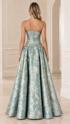 Back view of light blue strapless jacquard ballgown with full skirt