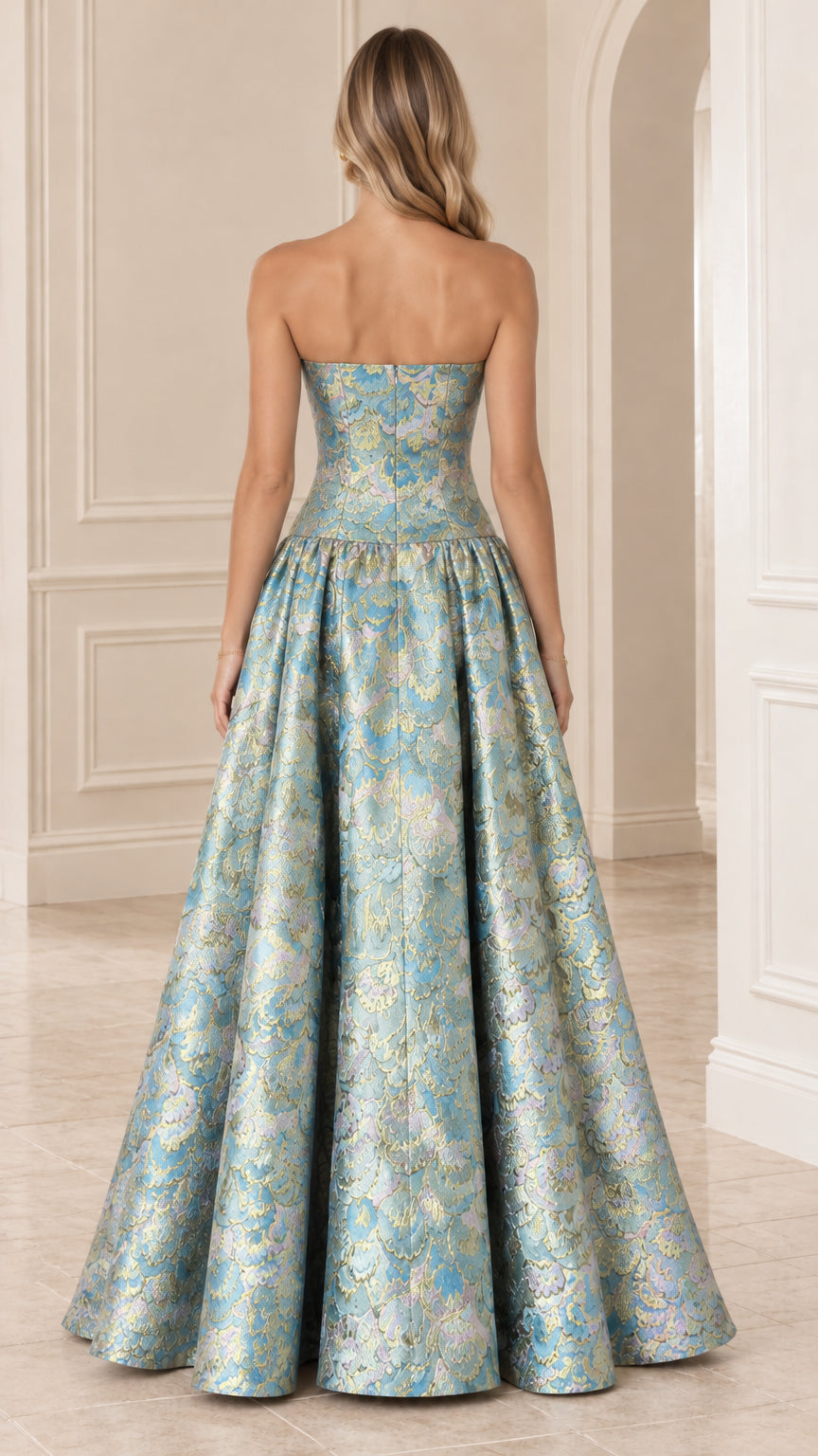 Back view of light blue strapless jacquard ballgown with full skirt