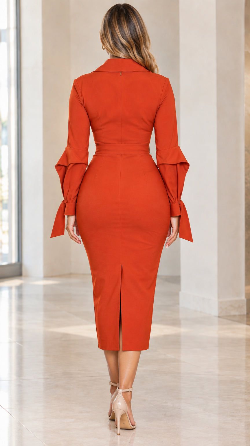 Back view of woman wearing rust orange midi sheath dress with rear hem vent
