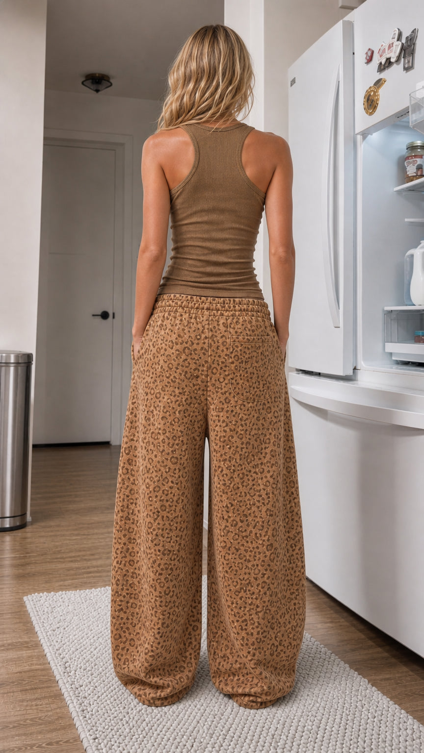 Back view of woman wearing Camel Brown wide-leg leopard print sweatpants