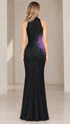 Back view of black halter neck floor-length beaded evening dress