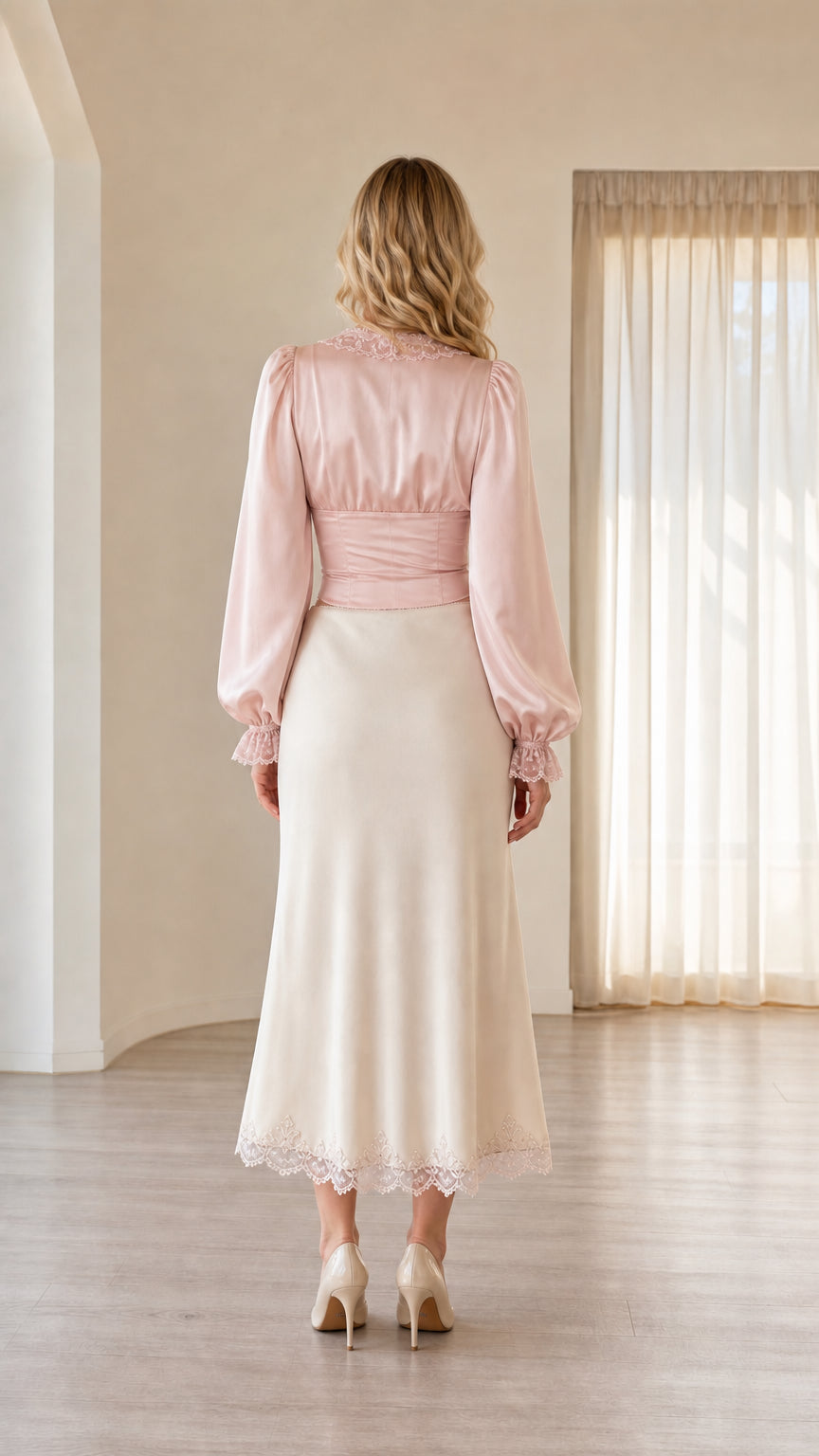 Back view of blush pink satin blouse and cream A-line midi skirt