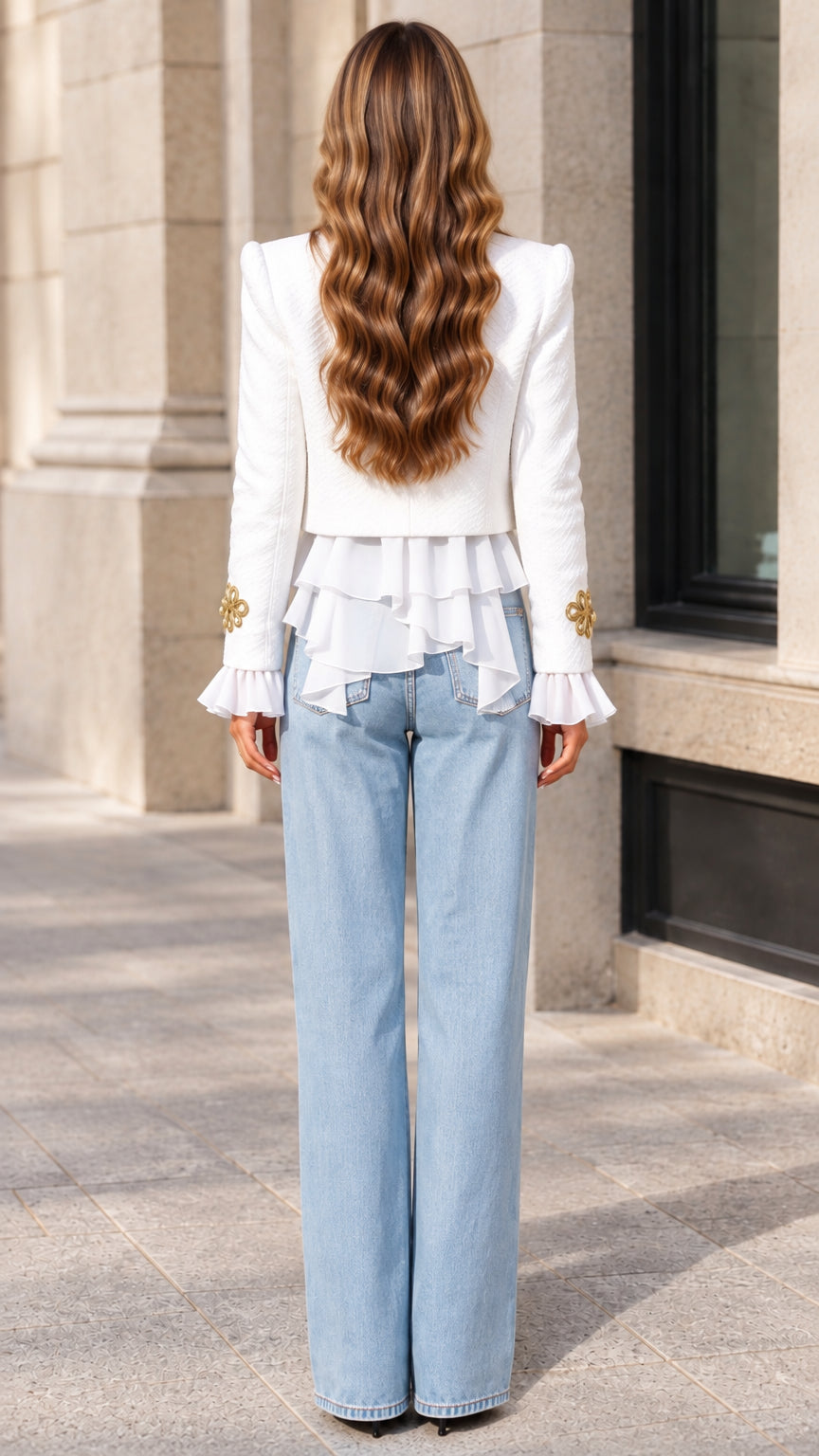 Back view of white military jacket showcasing layered ruffle hemline and flounced sleeves