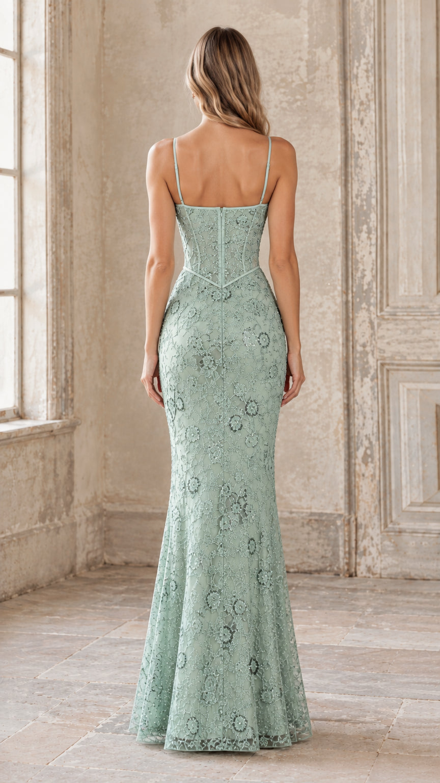 Sage green corset back floor-length evening dress view