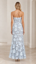 Back view of model in Light Blue strapless 3D floral lace maxi gown