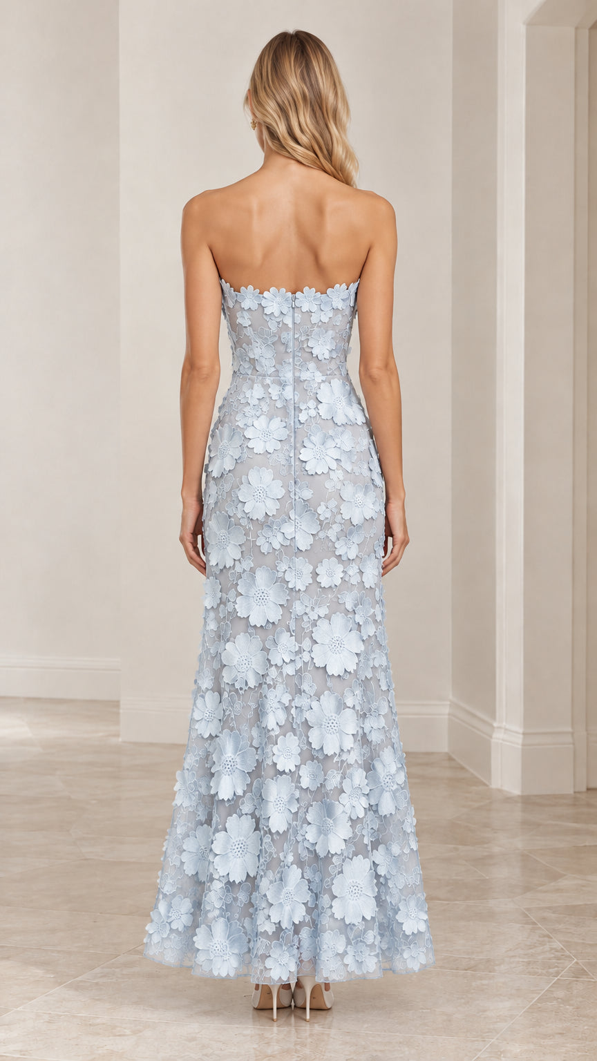Back view of model in Light Blue strapless 3D floral lace maxi gown