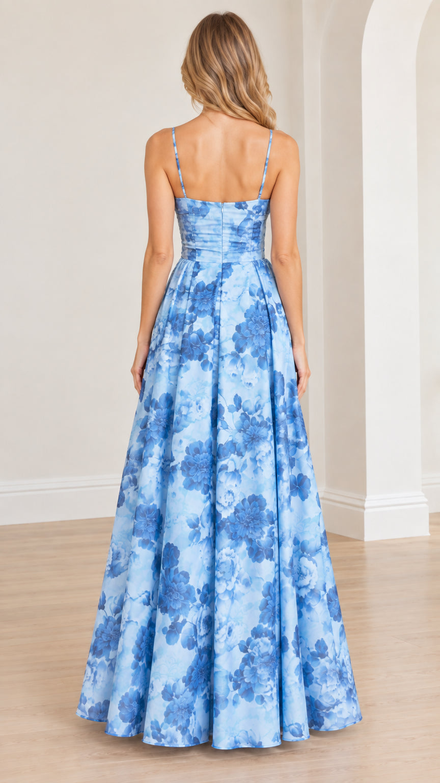 Back view of light blue floral maxi dress showing rear zip closure