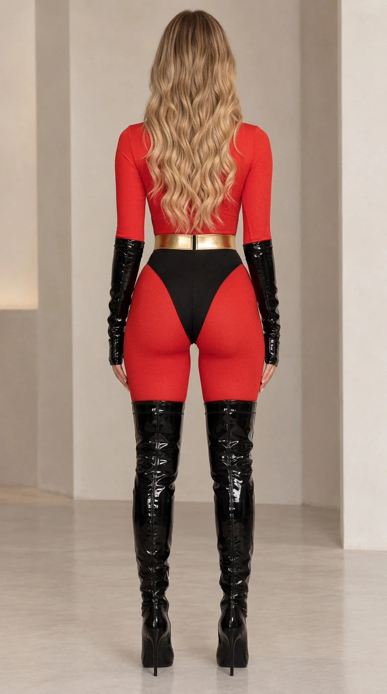Back full-body view of red superhero bodysuit showing zip closure