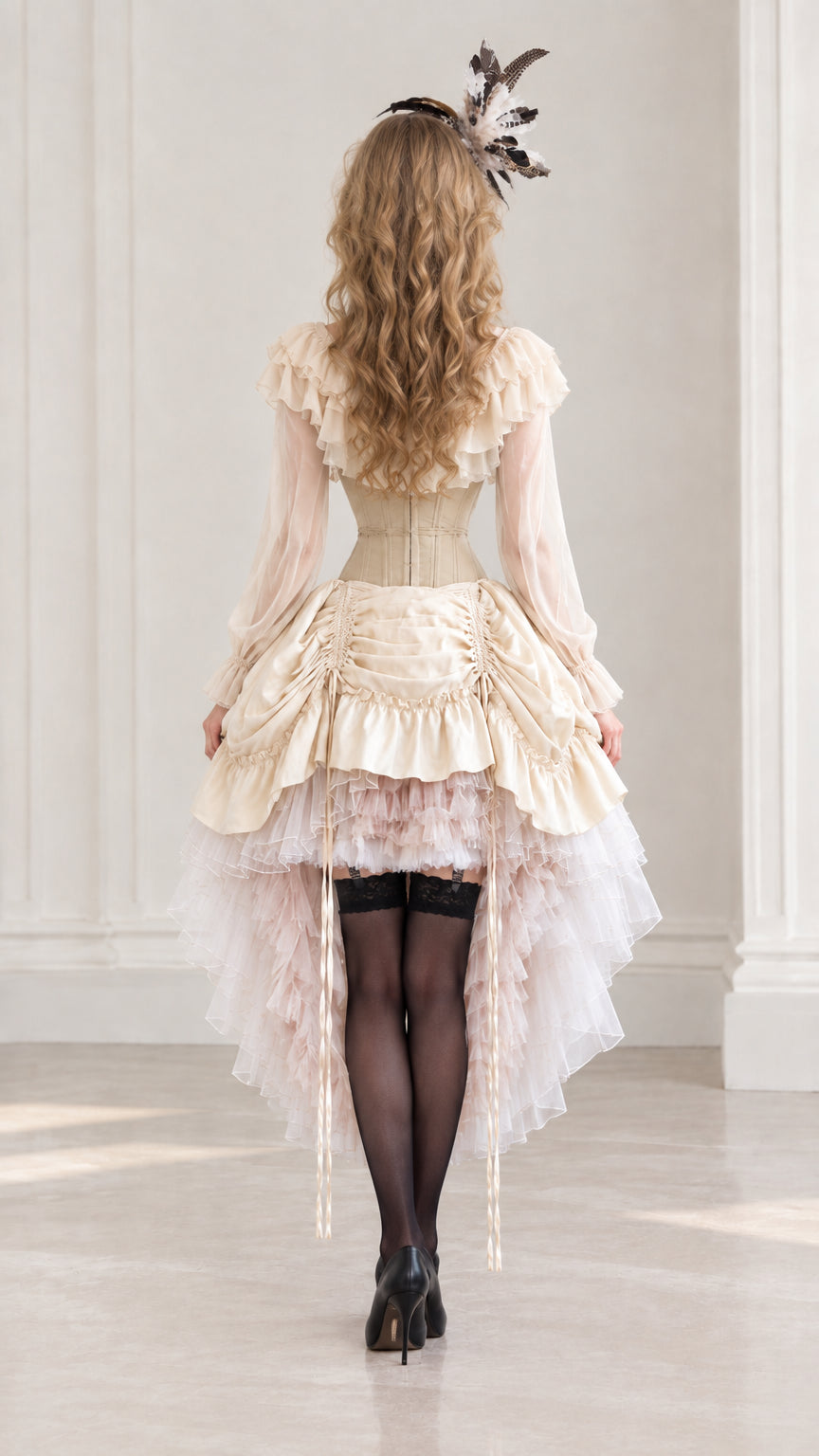 Back view of model in cream vintage corset dress showing gathered high-low hemline
