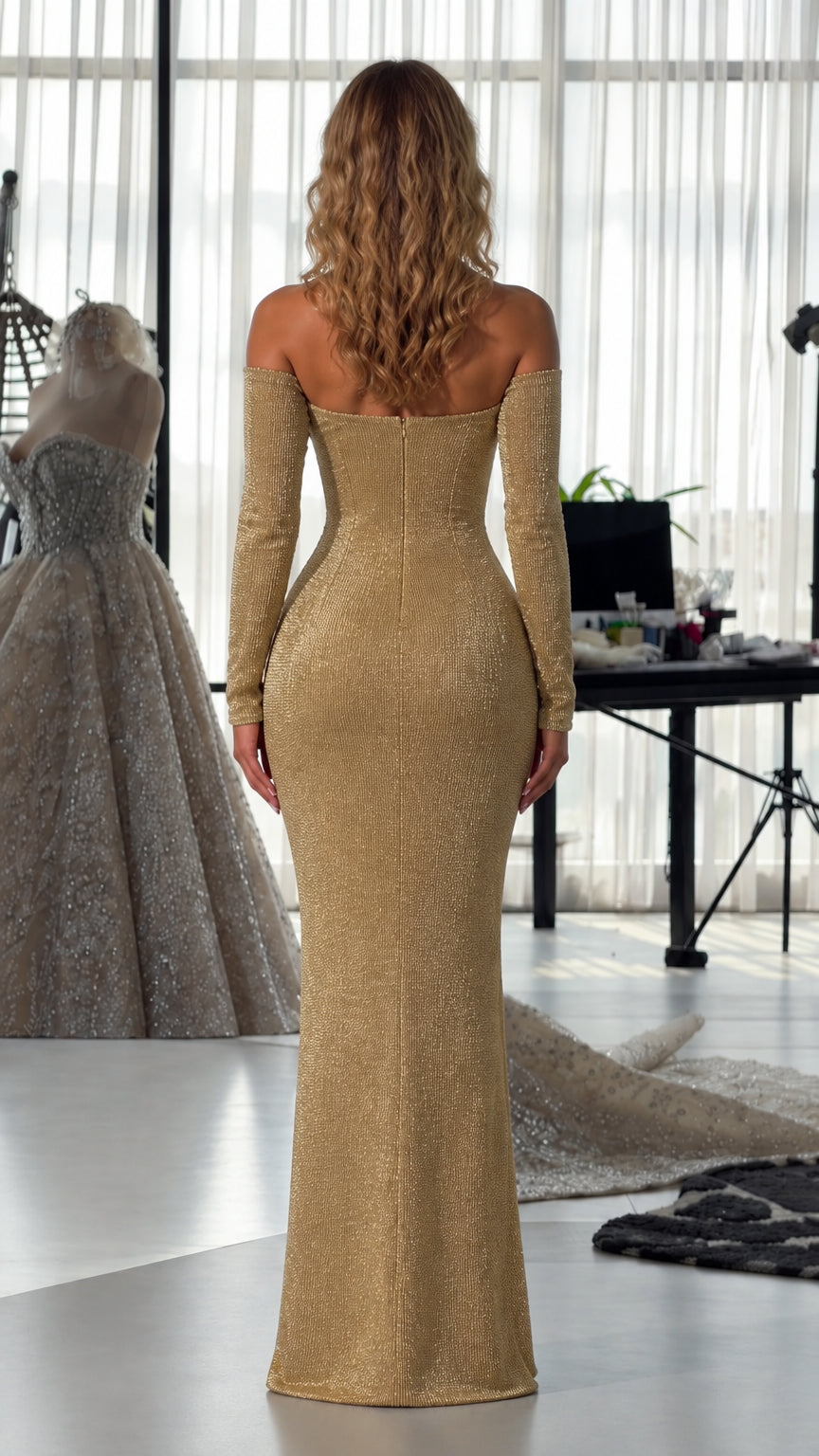 Back view of model wearing gold floor-length evening gown