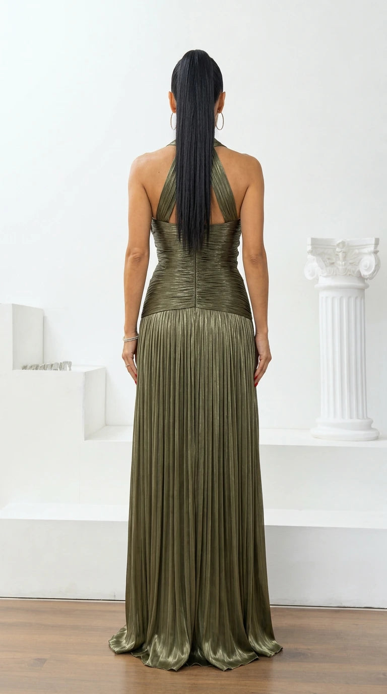 Back view of olive green halter neck floor-length pleated dress
