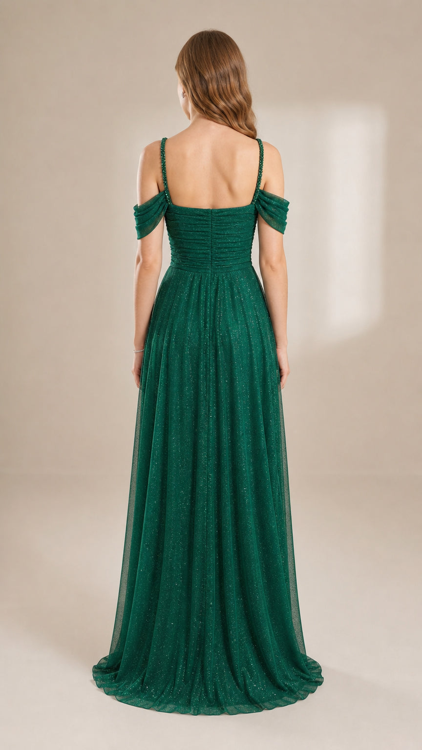 Back view of the emerald green formal gown with straight neckline and draped sleeves