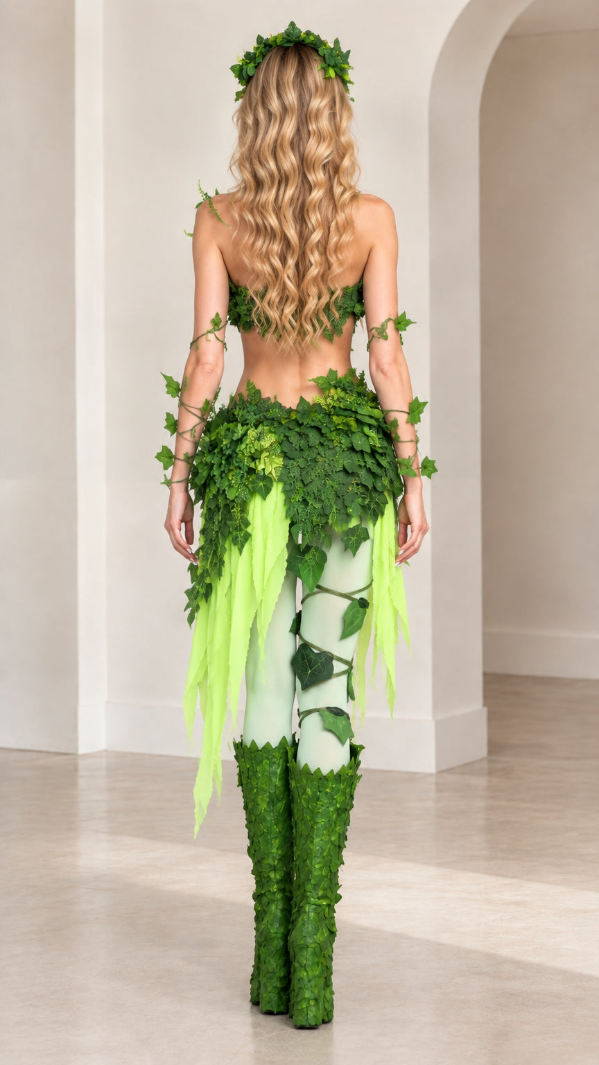 Back view of model in the foliage costume set showing shredded skirt fringe and crop top back
